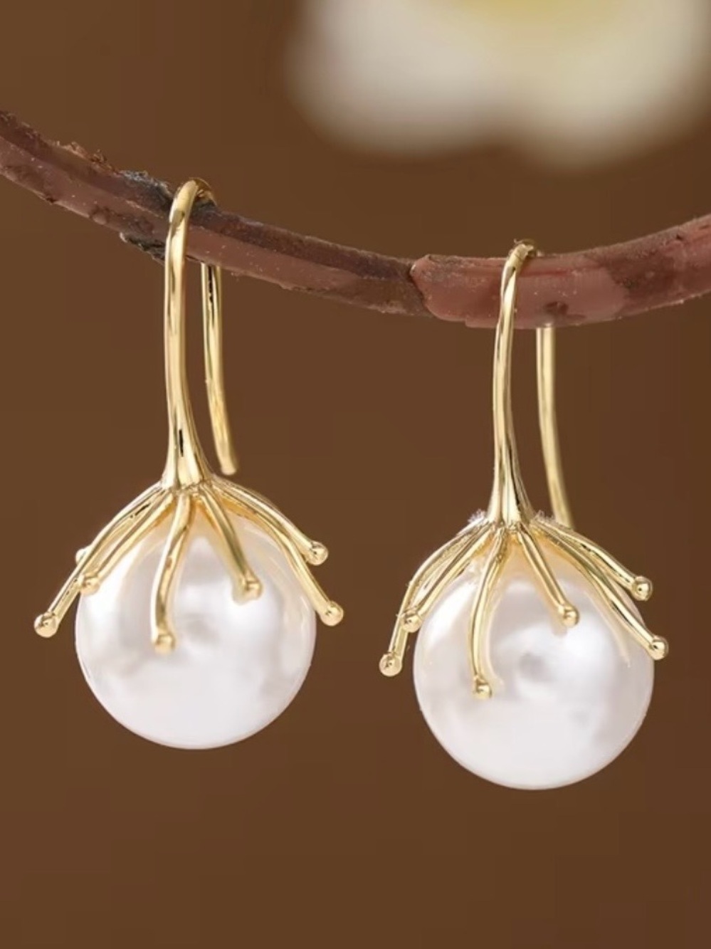 Hand Crafted Gold and White Pearl Drop Earrings